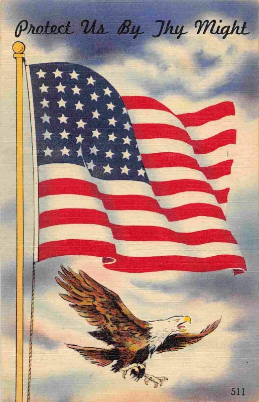 Stars & Stripes Flag Eagle Protect Us By Thy Might Patriotic linen postcard