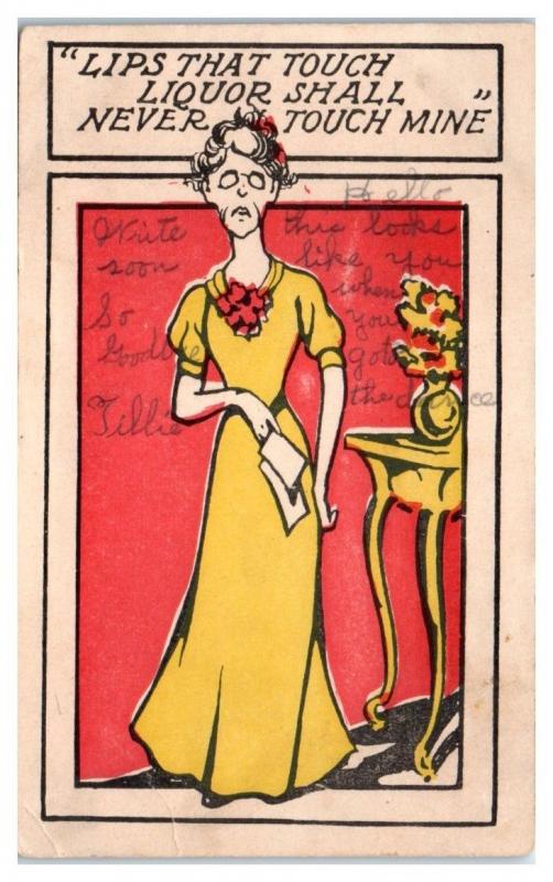 1907 Lips That Touch Liquor Shall Never Touch Mine Anti-Temperance Postcard