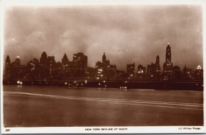 New York City Skyline At Night Vintage RPPC C098