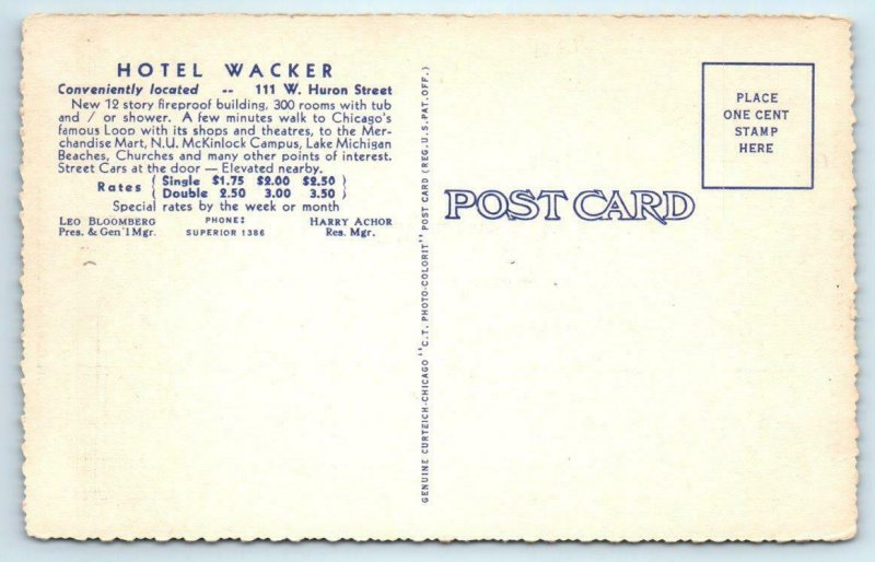CHICAGO, Illinois IL ~ Roadside HOTEL WACKER & Landmarks 1930s Linen Postcard