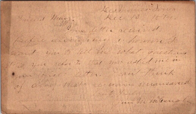 Antique Postal Card 1874 Casey Iowa JN8