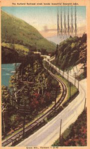 Vintage Postcard 1953 Rutland Railroad Winds Beside Beautiful Emerald Lake VT.