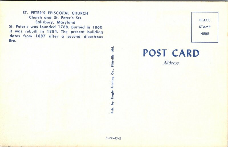 St Peters Episcopal Churcxh Salisbury Maryland MD Old Cars Postcard VTG UNP  