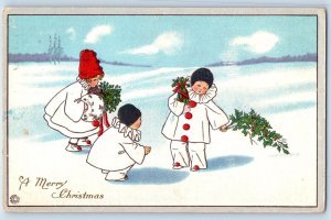 1916 Christmas Children With Holly Berries Handwarmer Winter Scene Postcard