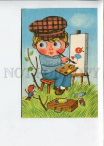 3137413 Boy Painter w/ Tit Bird Old MECHANICAL Mooving Eyes PC