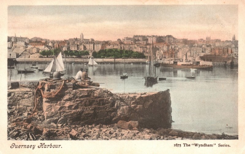Vintage Postcard Guernsey Harbour Beach Fisching Harbor The Wyndham Series 