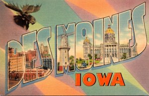 Iowa Greetings From Des Moines Large Letter Linen