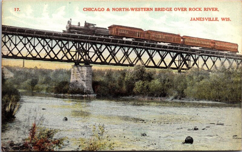 Postcard Chciago & North-Western Bridge over Rock River, Janesville, Wisconsin