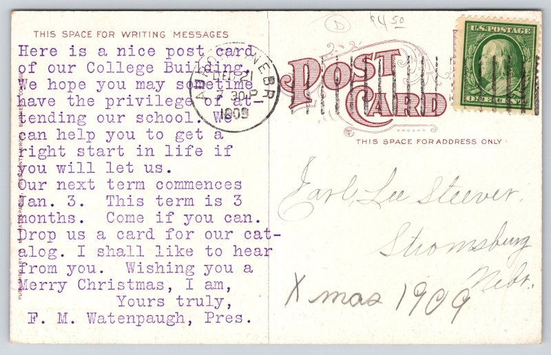 Aurora Nebraska~The Aurora Business College~Corner View~1909 Postcard