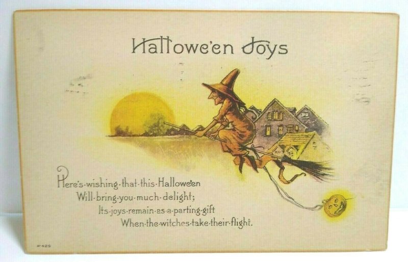 Vintage Halloween Joys Postcard Nash Witch Takes Flight Antique Original H 429