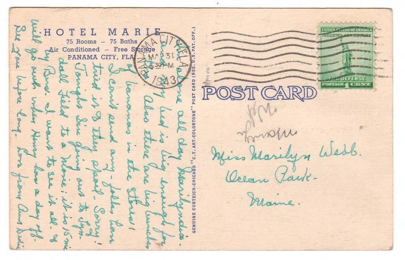 PANAMA CITY FLORIDA the HOTEL MARIE 1943 LINEN POSTCARD