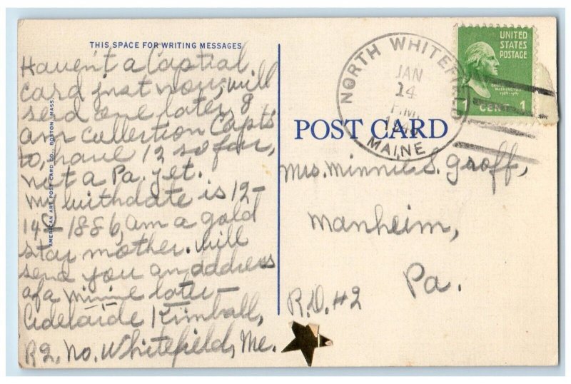 1948 Greetings From Maine ME Banner Large Letter Antique Vintage Posted Postcard 