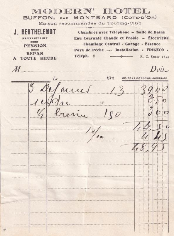 Modern Hotel Buffon Par Montbard Cote D'or 1940s Receipt