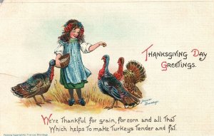 Vintage Postcard 1916 Thanksgiving Day Greetings Girl Make Turkey Tender and Fat