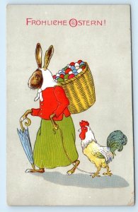 FRÖHLICHE OSTERN! Happy Easter DRESSED RABBITS Embossed 1909 Chicken Postcard