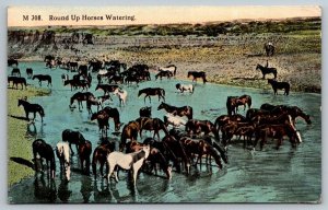 Vintage Postcard - Cowboys Rounding Up Horses For Watering - Great Falls Montana