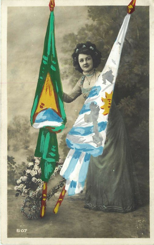 RPPC Hand Colored Postcard Woman Holds Flags of Uruguay and Brazil