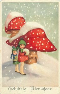 Happy New Year Surrealism Fantasy Postcard mushroom children snow playing