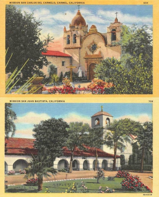 California CA  MISSION SAN CARLOS DEL CARMELO & SAN JUAN BAUTISTA  *2* Postcards