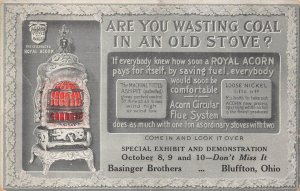 ROYAL ACORN STOVE COAL BASINGER BROS BLUFFTON OHIO ADVERTISING POSTCARD 1908