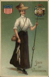 Langsdorf & CO Beautiful State Women w/Crest Postcard WISCONSIN FISHING POLE