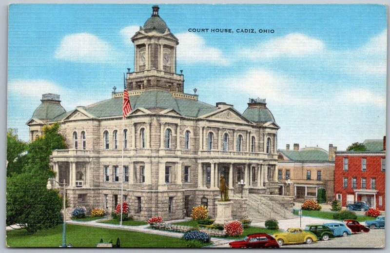 Cadiz Ohio 1940s Postcard Court House Flag Cars