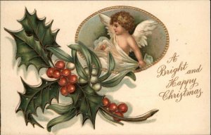 Christmas   Cherub Holly Gilt Embossed Vintage Postcard