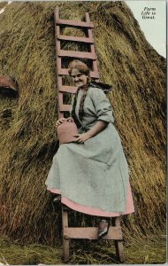 'Farm Life Is Great' Woman Ladder Farming Farm Girl Unused Postcard E90