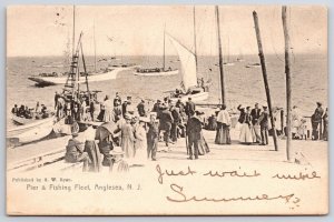 c1900 Pier & Fishing Fleet Ocean Anglesea NJ Crowd Sailing Boats Postcard