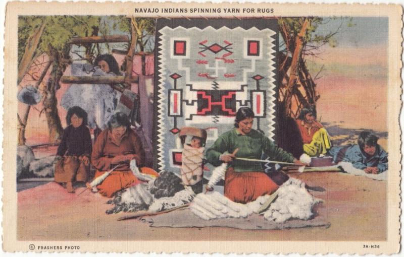 Navajo Indians spinning Yarn for Rugs, linen Postcard