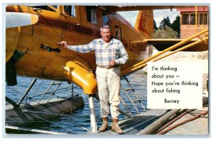 1967 Barney's Ball Lake Lodge Kenora Ontario Canada Yellow Airplane Postcard