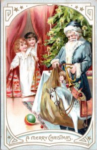 Postcard - Tuck Christmas 102 Santa Blue coat sack of toys children peeking