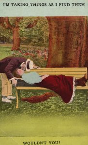 Postcard 1913 Taking Things As I Find Them! Man Kisses Woman on Lips Lovers Art