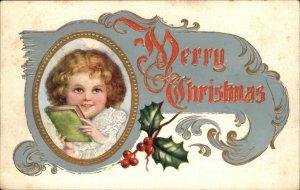 Christmas Children Girl Read Book Gilt Embossed c1900s-10s Postcard