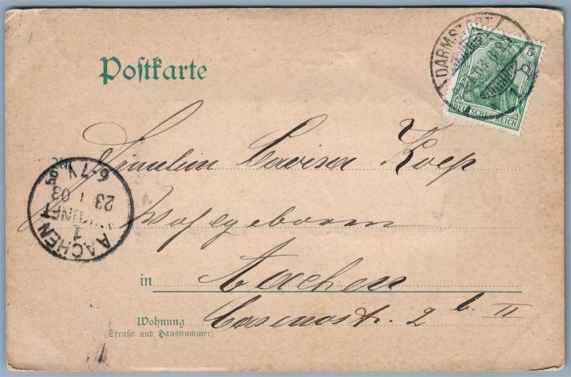 GRUSS AUS DARMSTADT GERMANY 1903 EMBOSSED UNDIVIDED ANTIQUE POSTCARD w/ STAMP