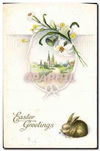 Old Postcard Fantasy Flowers Easter Bunny