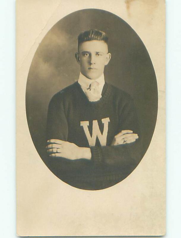 Pre1930 rppc MAN IN UNIVERSITY OF WASHINGTON SWEATER Seattle Washington WA o1456