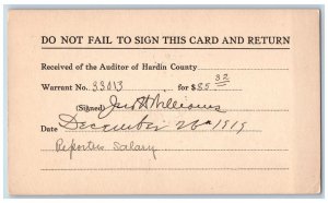 Ames Iowa IA Postal Card Received of Auditor of Hardin County 1919 Posted