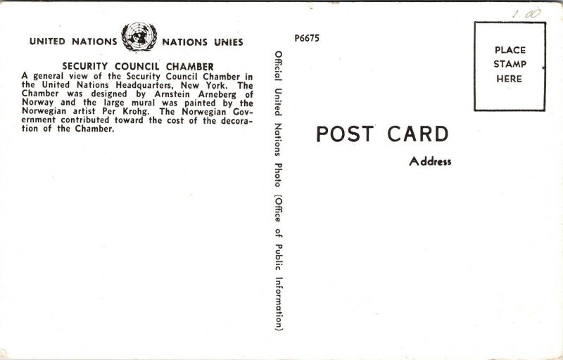 Security Council Chamber United Nations General View New York Postcard VTG UNP 