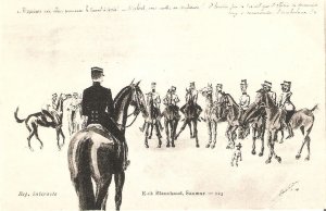 Horses. military training  Old vintage French, artist signed postcard