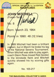 John Mitchell Waikato 1991 Hand Signed Rugby Card Photo