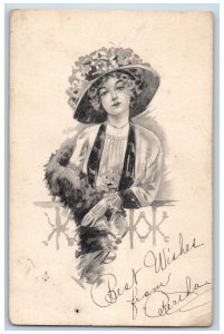 Artist Signed Postcard Pretty Woman With Hat Thompson Iowa IA 1912 Antique