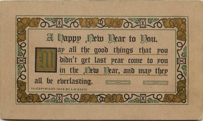 1908 A.M. Davis Arts & Crafts Style New Year Postcard, Bell & Hourglass Border