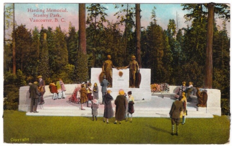 Harding Memorial, Stanley Park, Vancouver, British Columbia, 1927 Postcard