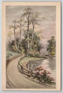 Schlesinger Beautiful Lake Bridge Colored Sketch Style Landscape Postcard S29