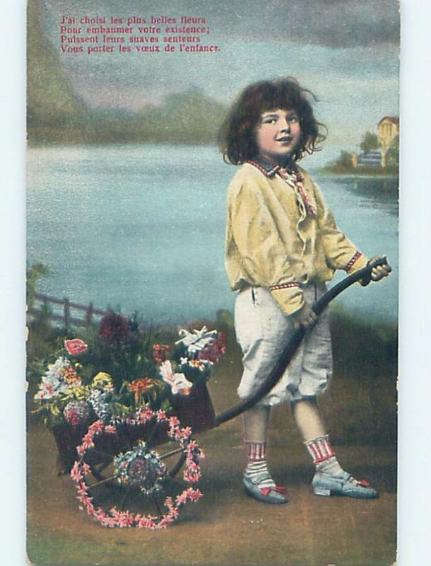 Pre-Linen foreign FRENCH GIRL PULLS CART DECORATED WITH FLOWERS HL7736