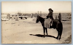 c1940's Woman Riding Horse Houses Cameron Arizona AZ RPPC Photo Vintage Postcard