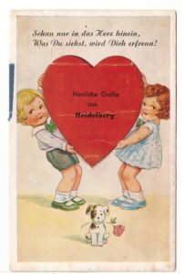 Boy And Girl Holding Heart, Greetings From Heidelberg, 1957 German Postcard