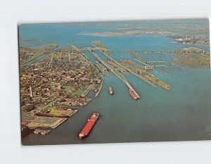 Postcard Aerial View of World Famous Soo Locks Sault Ste. Marie Michigan USA