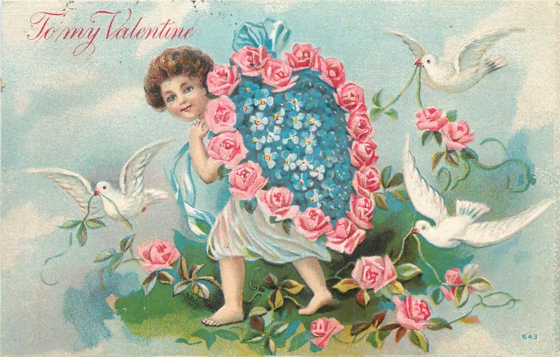 Valentine Day girl floral roses love heart doves embossed fantasy postcard 1908